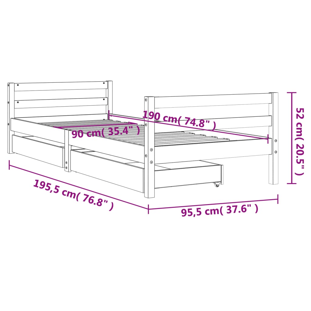 Estrutura cama infantil c/ gavetas 90x190cm pinho maciço branco