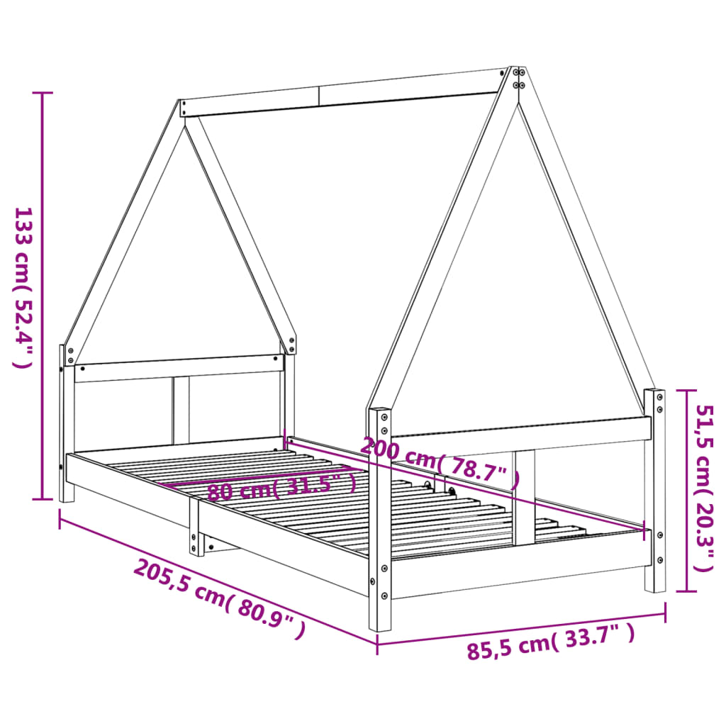 Children's bed frame 80x200 cm solid pine wood