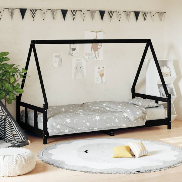 Children's bed frame 90x200 cm black solid pine