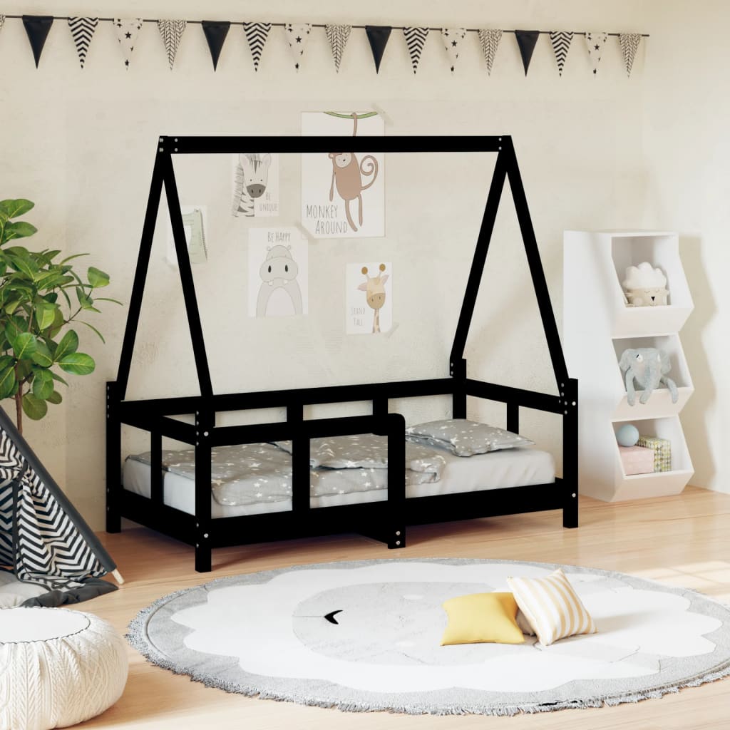 Children's bed frame 70x140 cm black solid pine