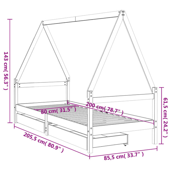 Children's bed frame with drawers 80x200cm white solid pine