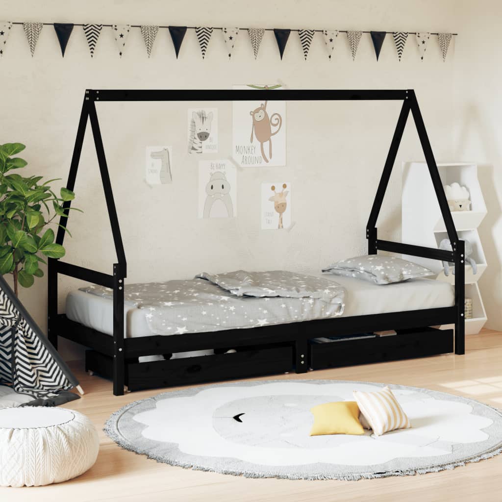 Estructura de cama infantil con cajones 90x200 cm pino macizo negro