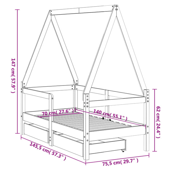 Estructura de cama infantil con cajones 70x140 cm pino macizo negro