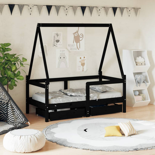 Children's bed frame with drawers 70x140 cm black solid pine