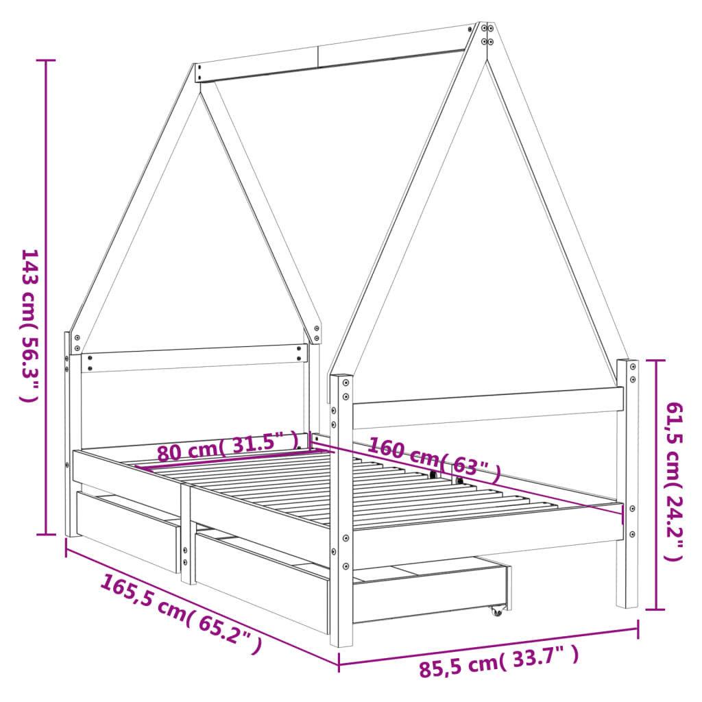 Estructura de cama infantil con cajones 80x160 cm pino macizo negro