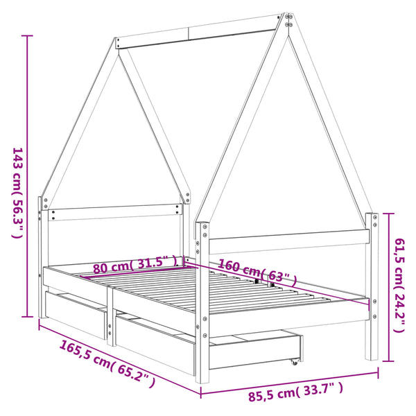 Estructura de cama infantil con cajones 80x160 cm pino macizo negro