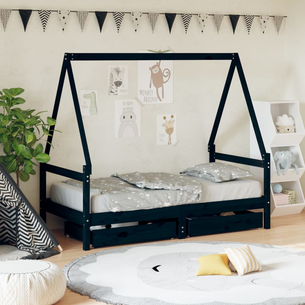 Children's bed frame with drawers 80x160 cm black solid pine