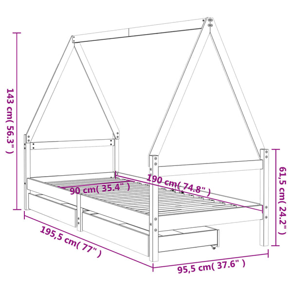 Children's bed frame with drawers 90x190 cm black solid pine