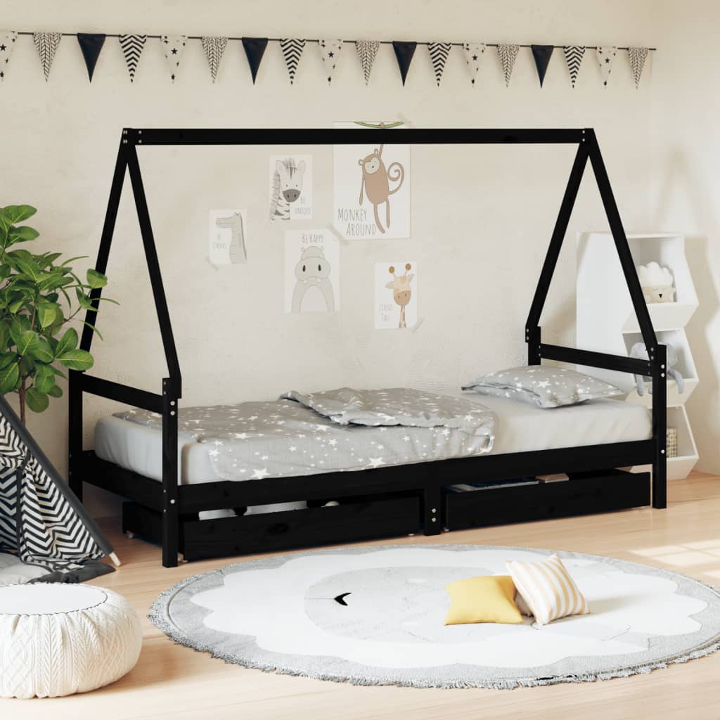 Estrutura cama infantil c/ gavetas 90x190 cm pinho maciço preto