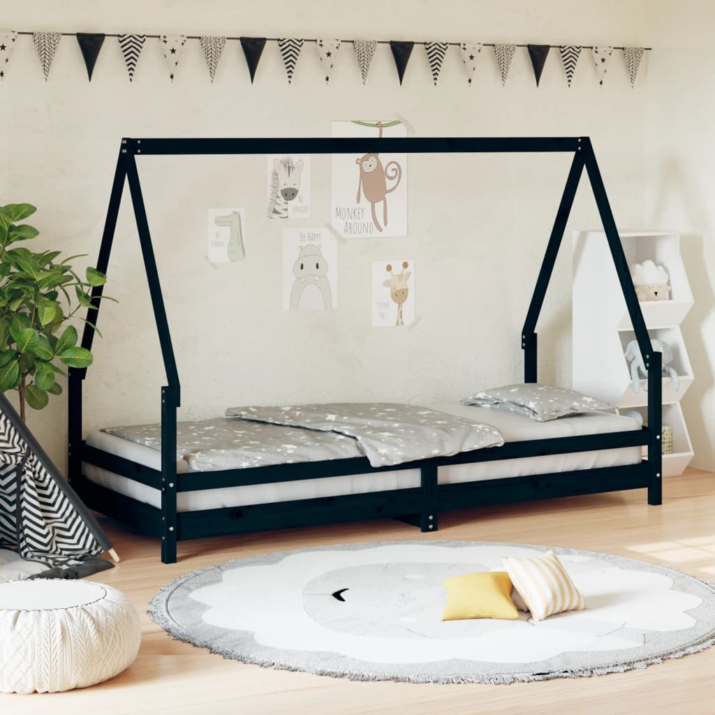 Estructura de cama infantil de pino macizo negro 80x200 cm