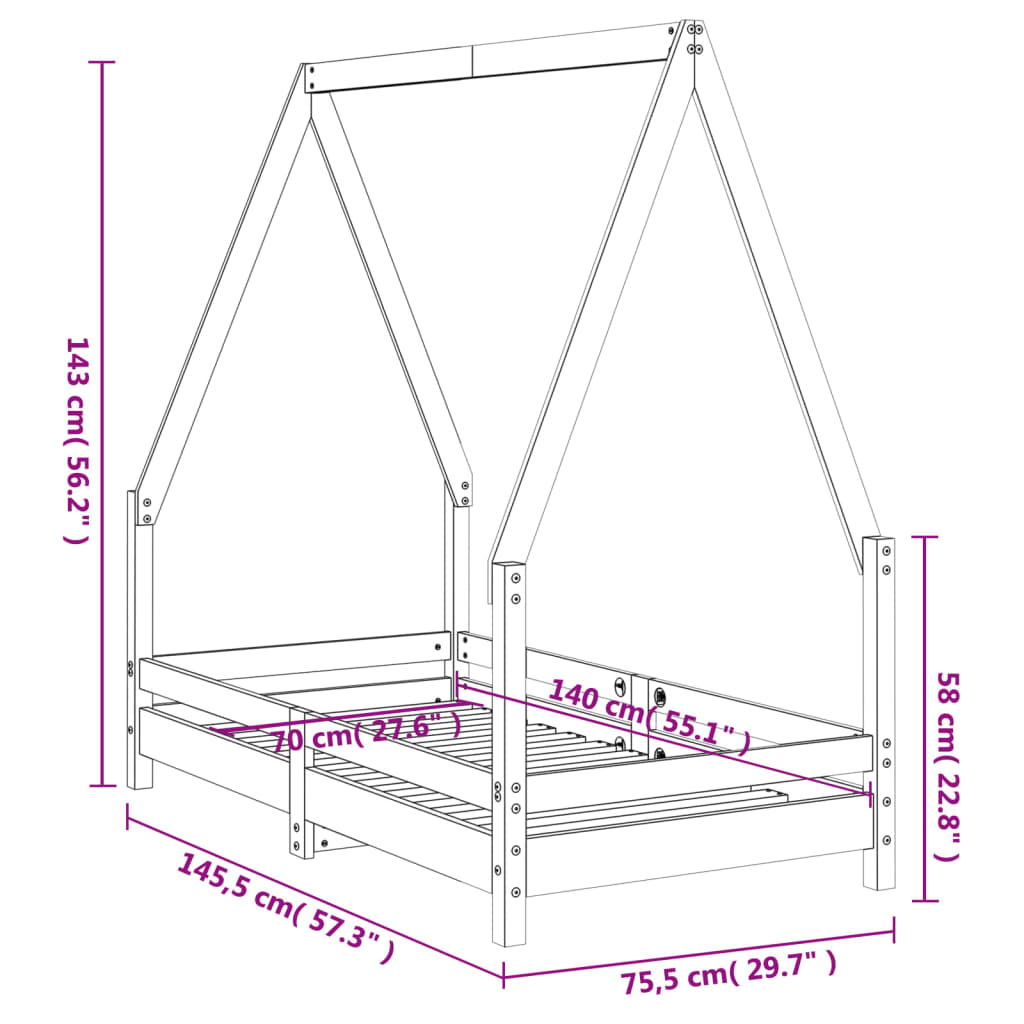 Children's bed frame 70x140 cm solid pine white