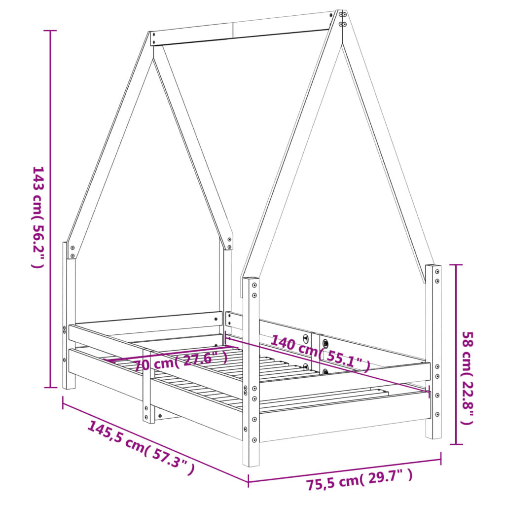 Children's bed frame 70x140 cm black solid pine