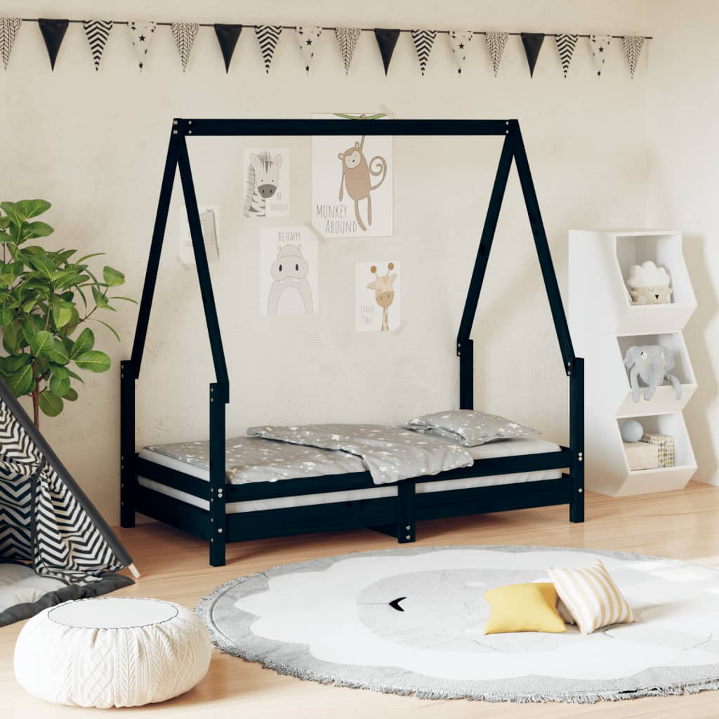 Estructura de cama infantil 70x140 cm pino macizo negro