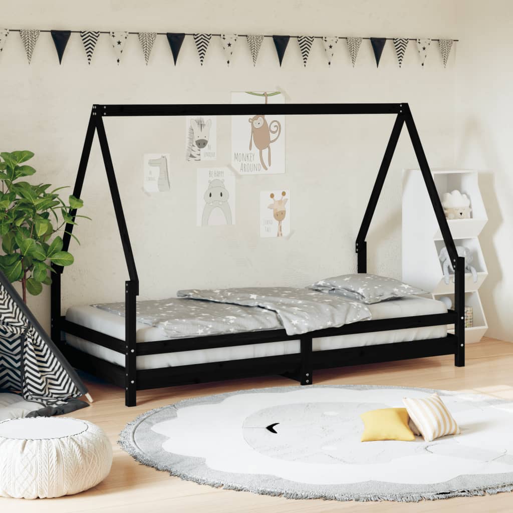 Children's bed frame 90x190 cm black solid pine