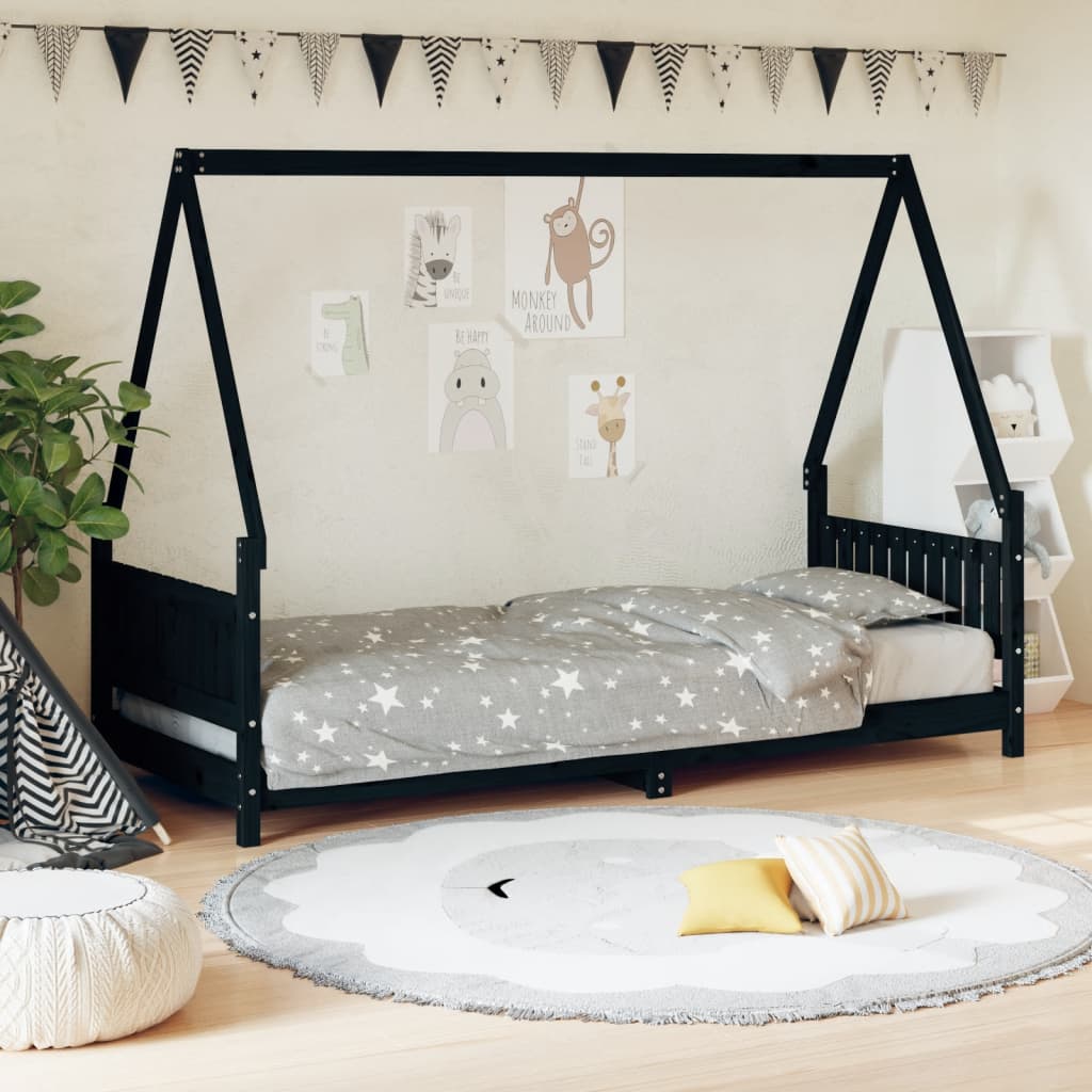 Estructura de cama infantil de pino macizo negro 80x200 cm