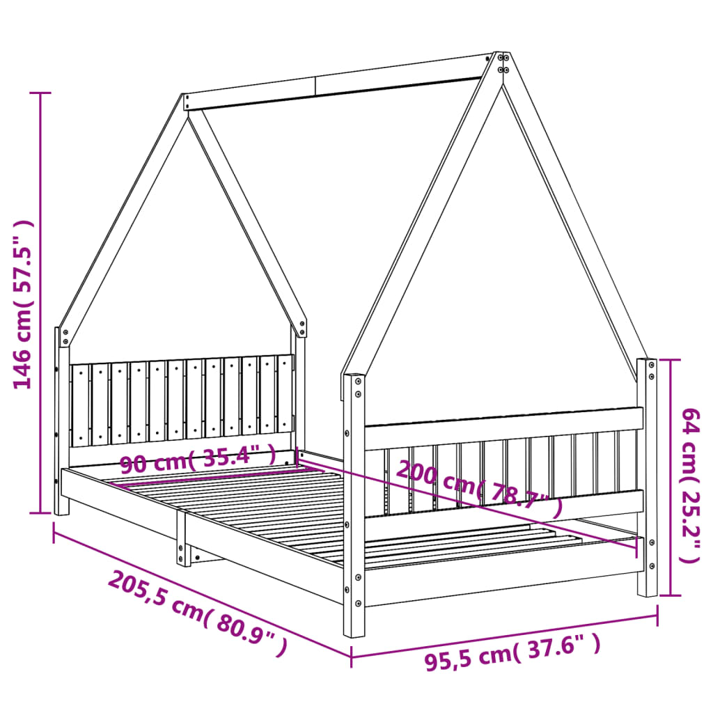 Children's bed frame 90x200 cm black solid pine