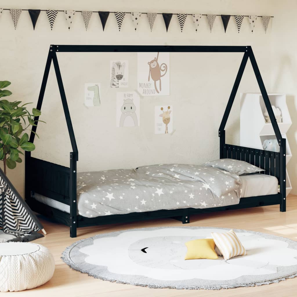 Children's bed frame 90x200 cm black solid pine