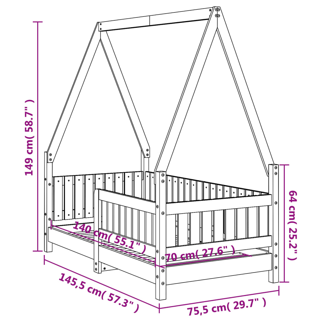 Children's bed frame 70x140 cm solid pine white