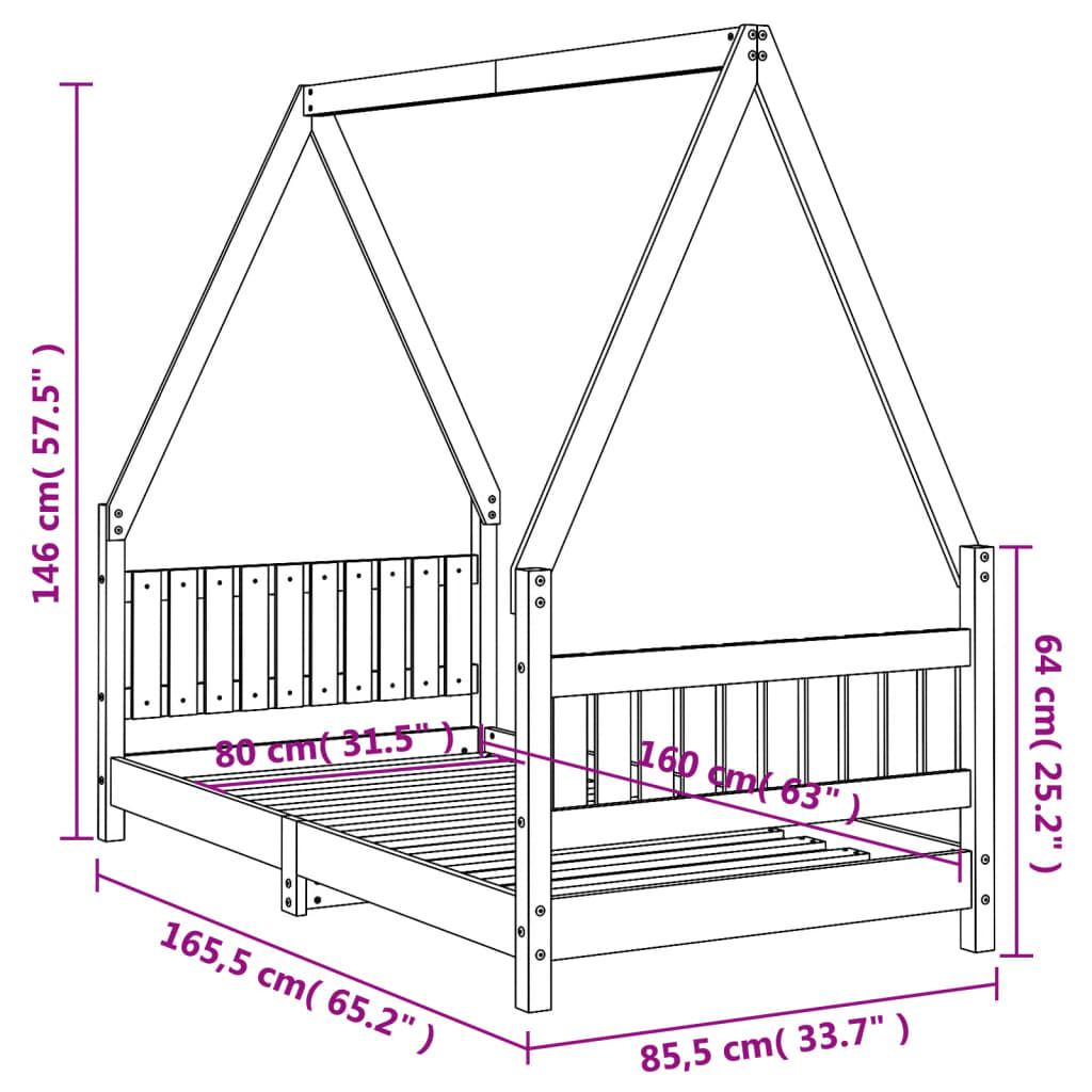 Estructura de cama infantil de pino macizo 80x160 cm