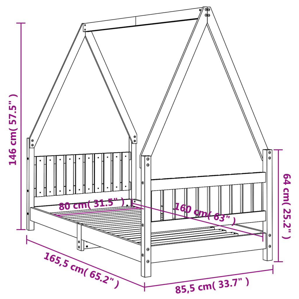 Estrutura de cama infantil 80x160 cm pinho maciço preto