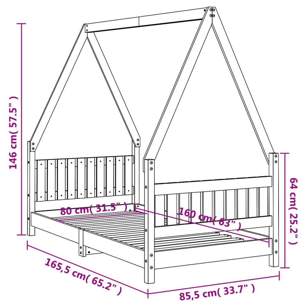 Children's bed frame 80x160 cm black solid pine