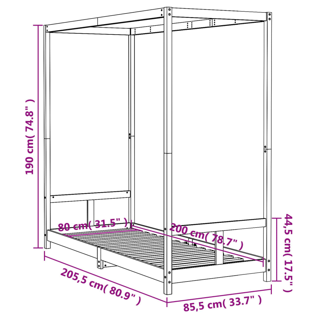 Estructura de cama infantil de pino macizo negro 80x200 cm