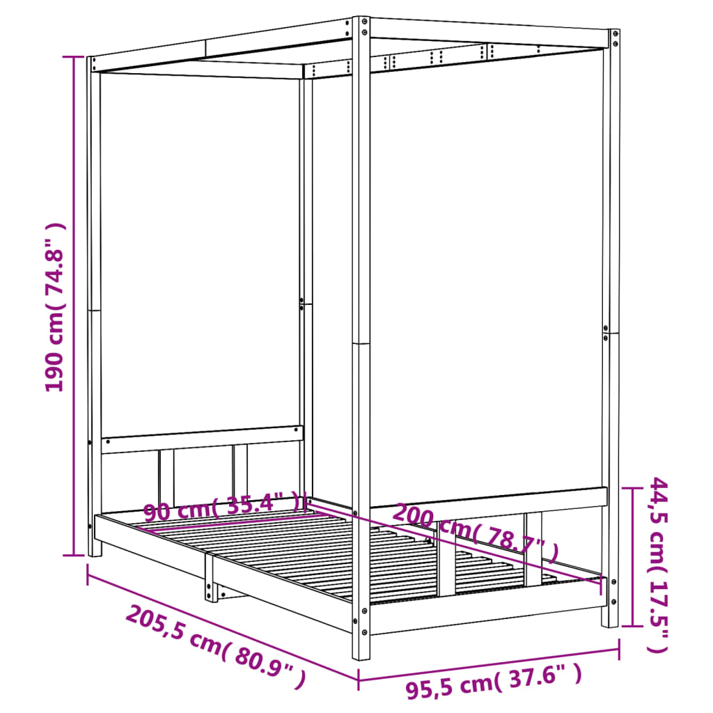 Children's bed frame 90x200 cm black solid pine