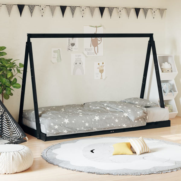 Children's bed frame 90x200 cm black solid pine