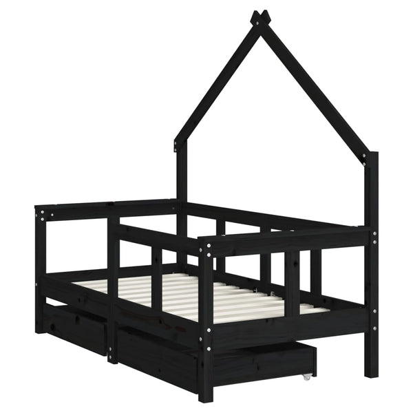 Children's bed frame with drawers 70x140 cm black solid pine