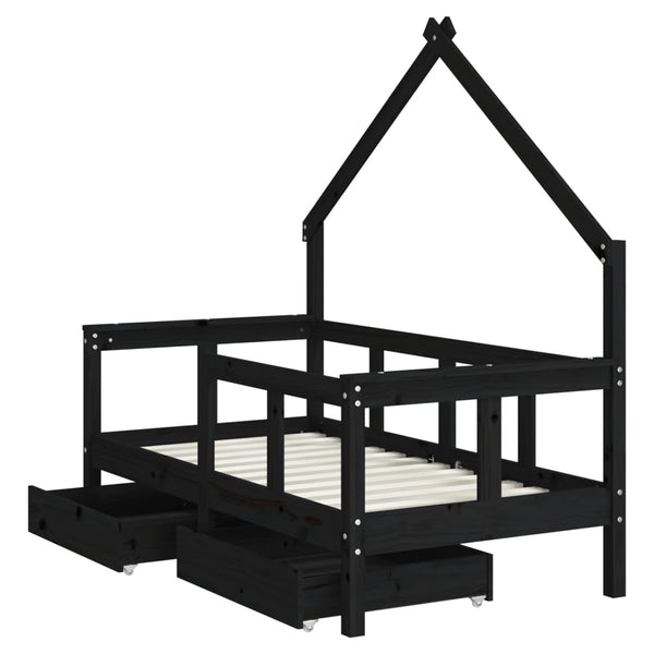 Children's bed frame with drawers 70x140 cm black solid pine