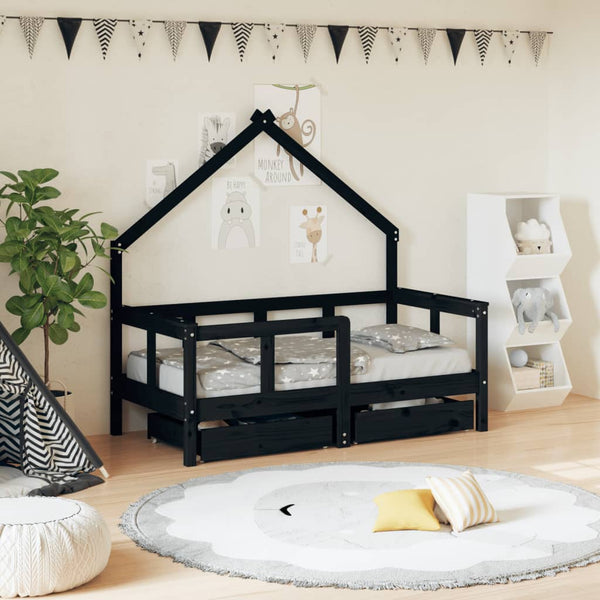 Estrutura cama infantil c/ gavetas 70x140 cm pinho maciço preto