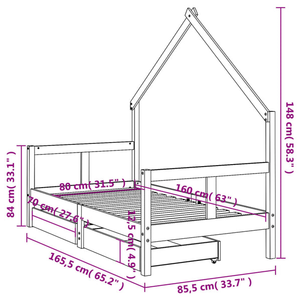 Estructura de cama infantil con cajones 80x160 cm pino macizo blanco