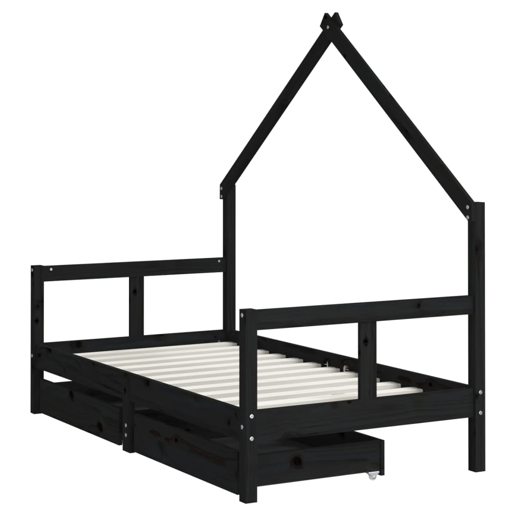 Children's bed frame with drawers 80x160 cm black solid pine