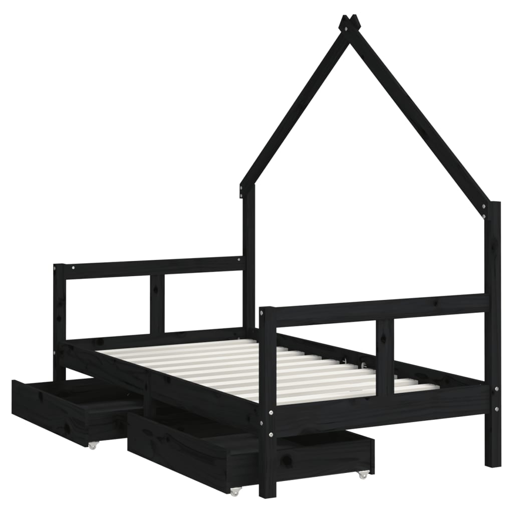 Children's bed frame with drawers 80x160 cm black solid pine