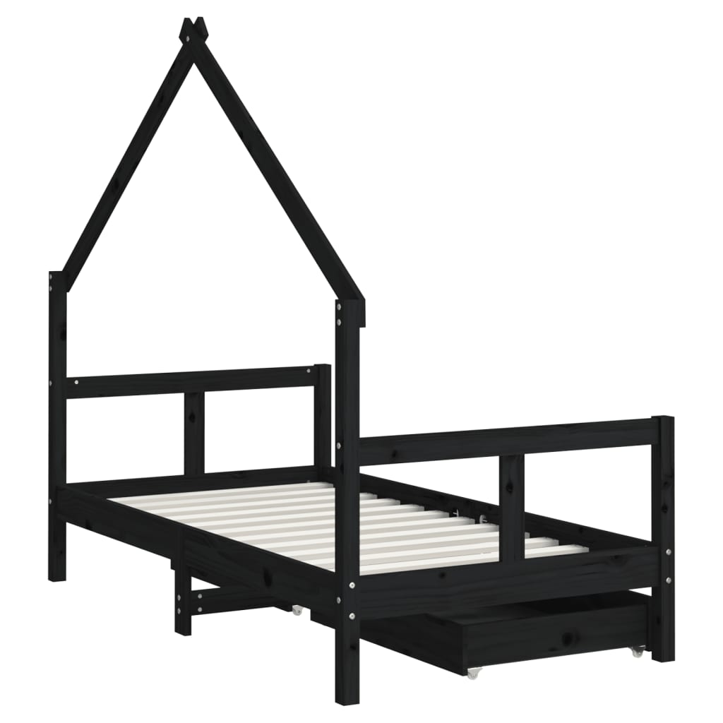 Children's bed frame with drawers 80x160 cm black solid pine