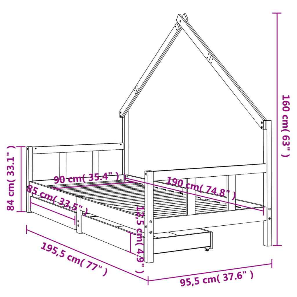 Children's bed frame with drawers 90x190cm solid pine white