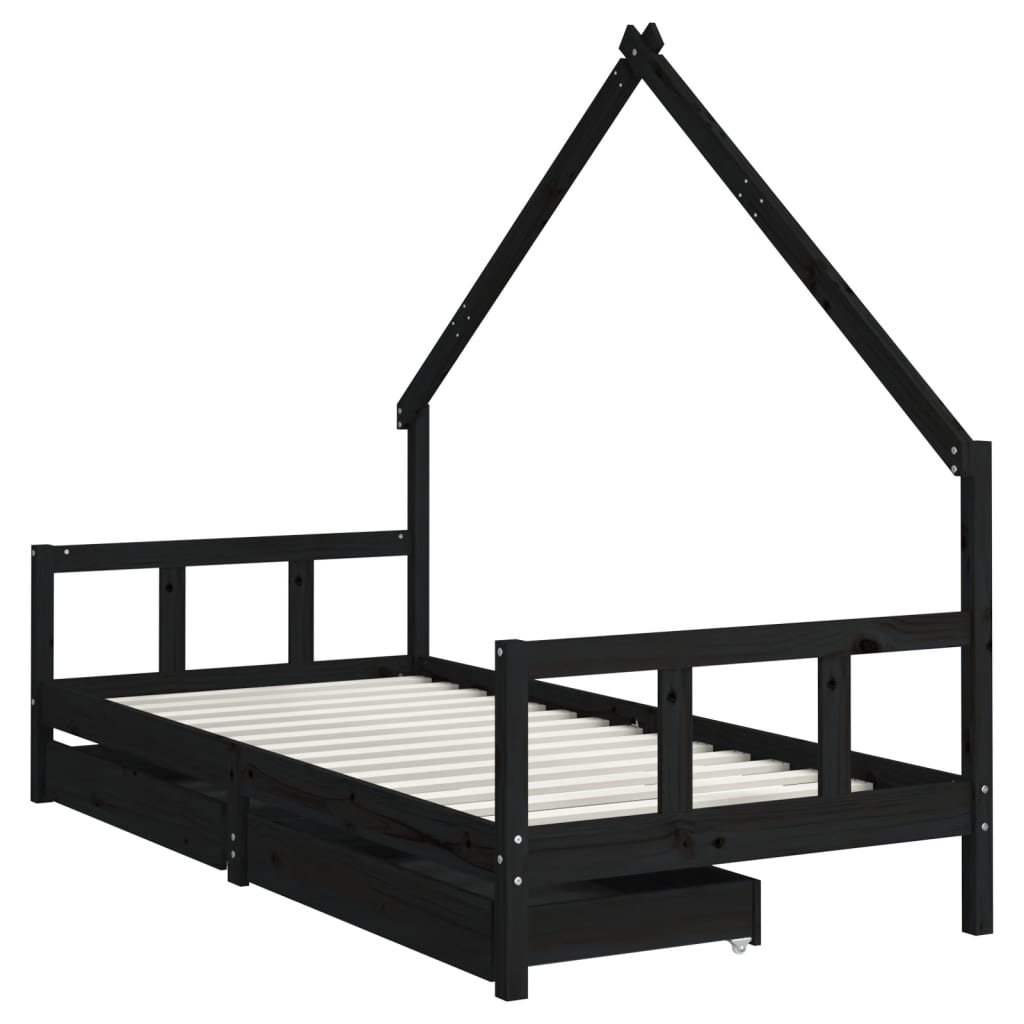 Children's bed frame with drawers 90x190 cm black solid pine