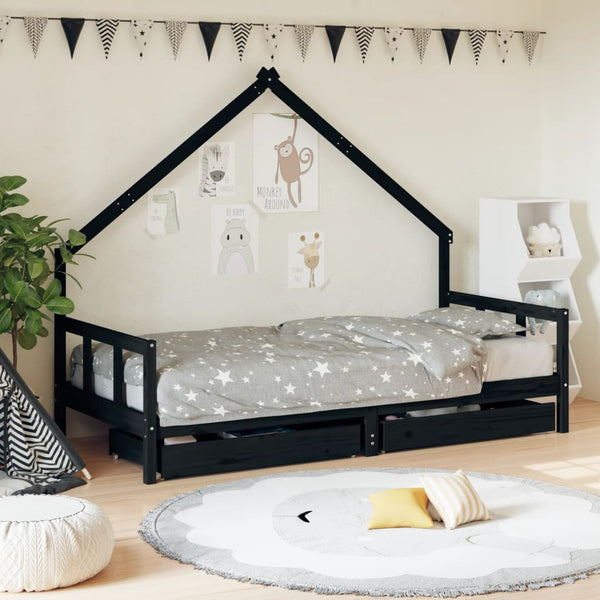Estrutura cama infantil c/ gavetas 90x190 cm pinho maciço preto