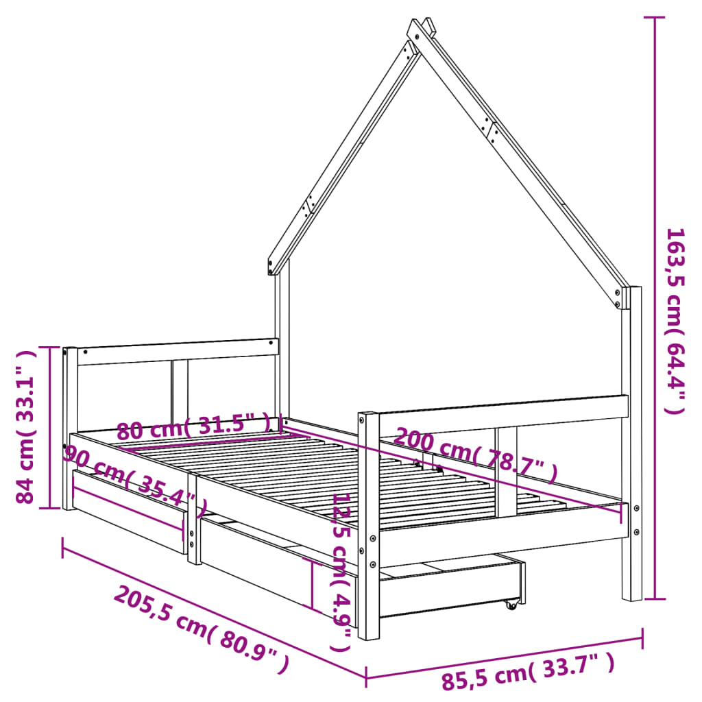 Estrutura de cama infantil c/ gavetas 80x200 cm pinho maciço