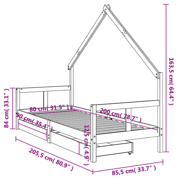 Children's bed frame with drawers 80x200 cm solid pine