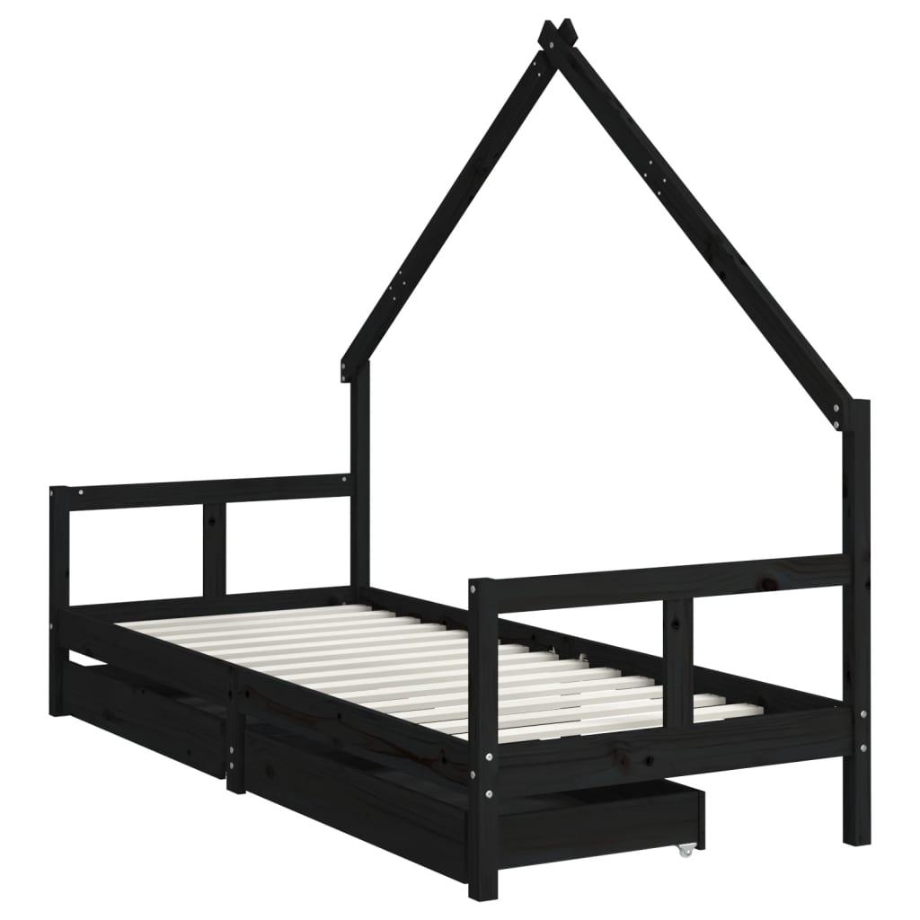 Children's bed frame with drawers 80x200cm black solid pine