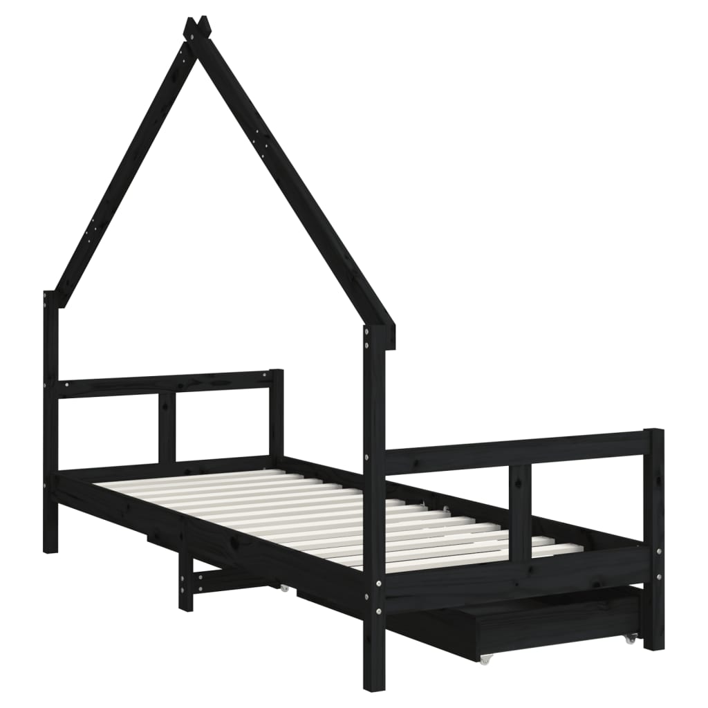 Children's bed frame with drawers 80x200cm black solid pine