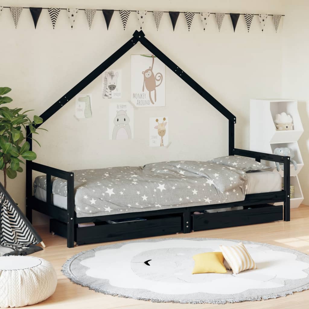 Children's bed frame with drawers 80x200cm black solid pine