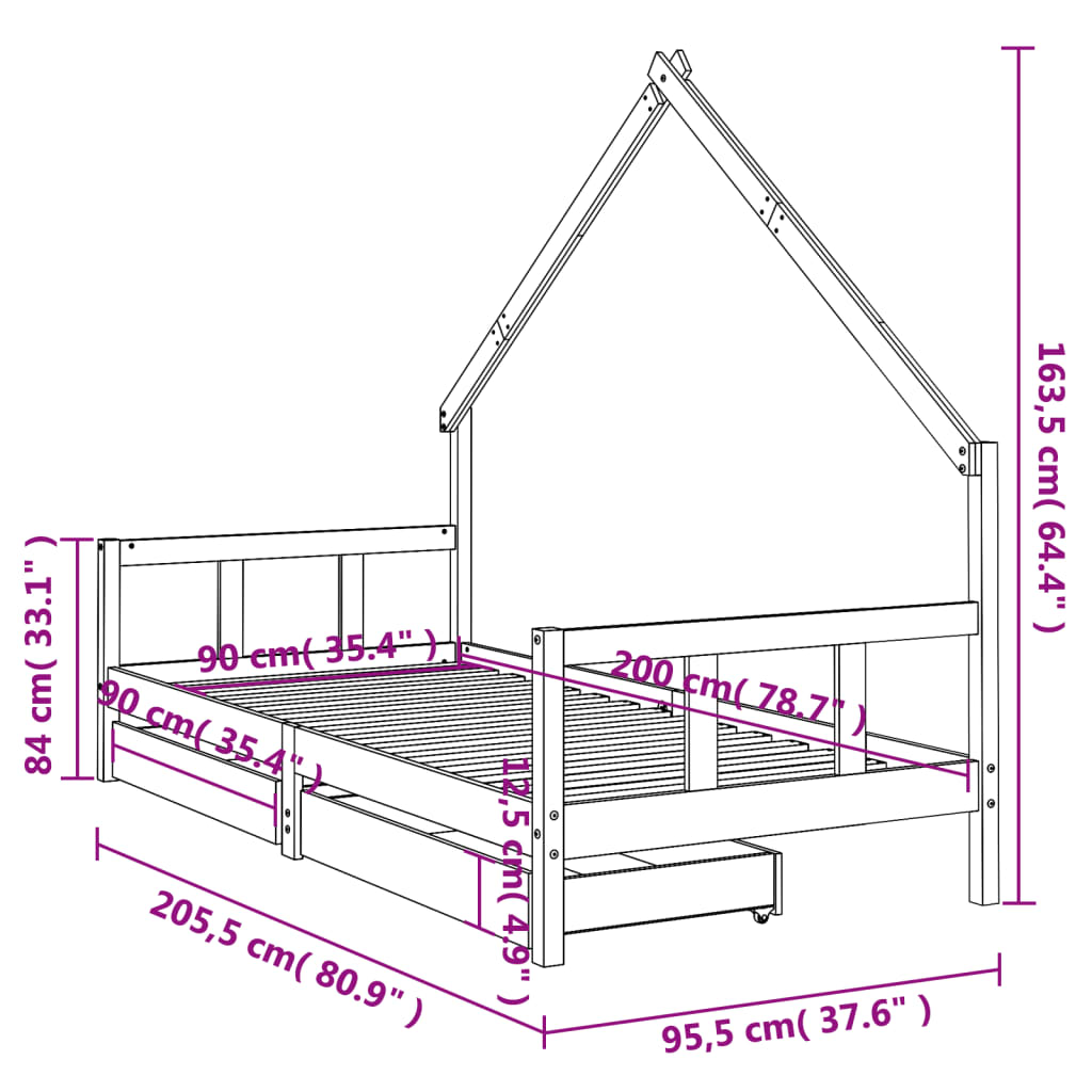 Children's bed frame with drawers 90x200 cm solid pine