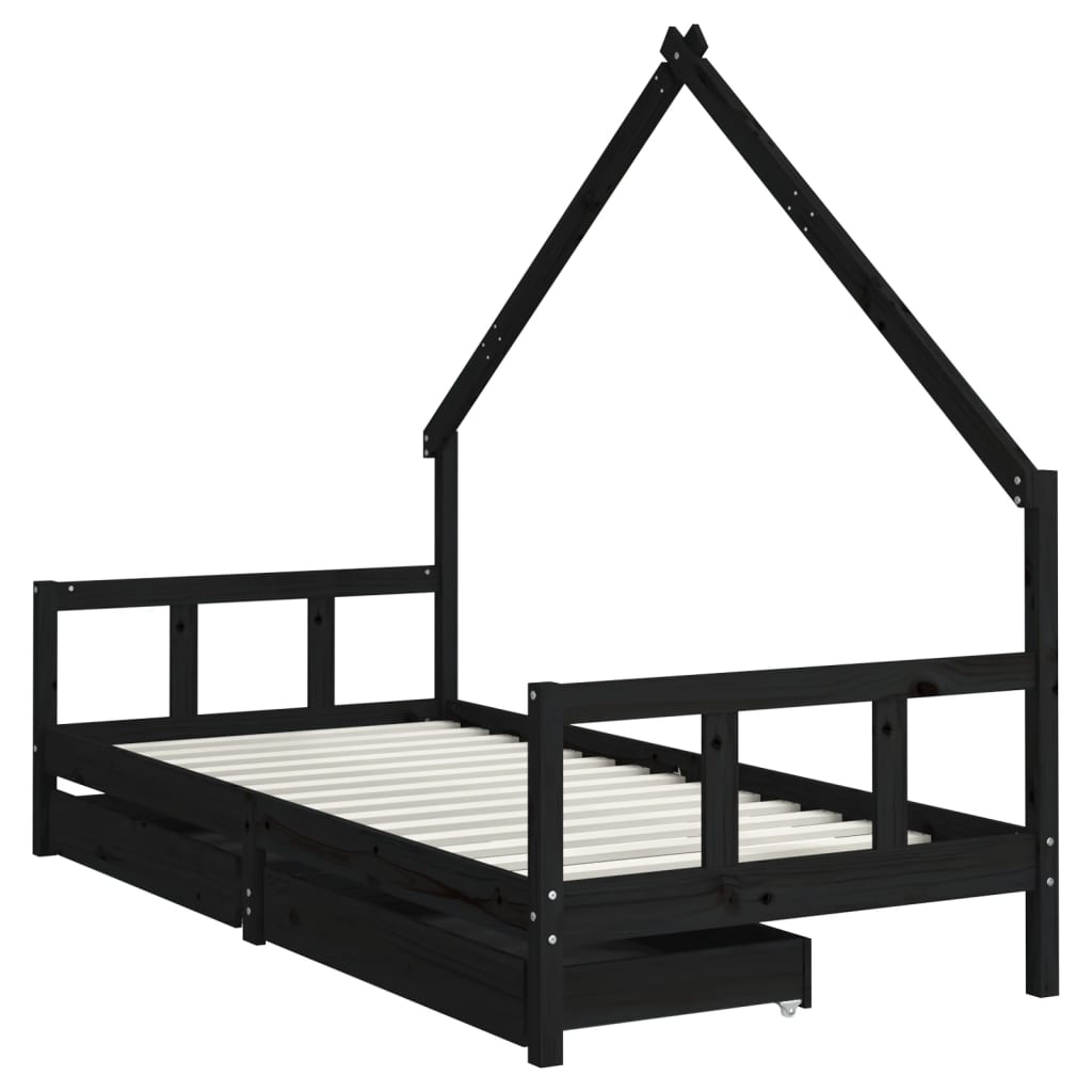 Children's bed frame with drawers 90x200 cm black solid pine