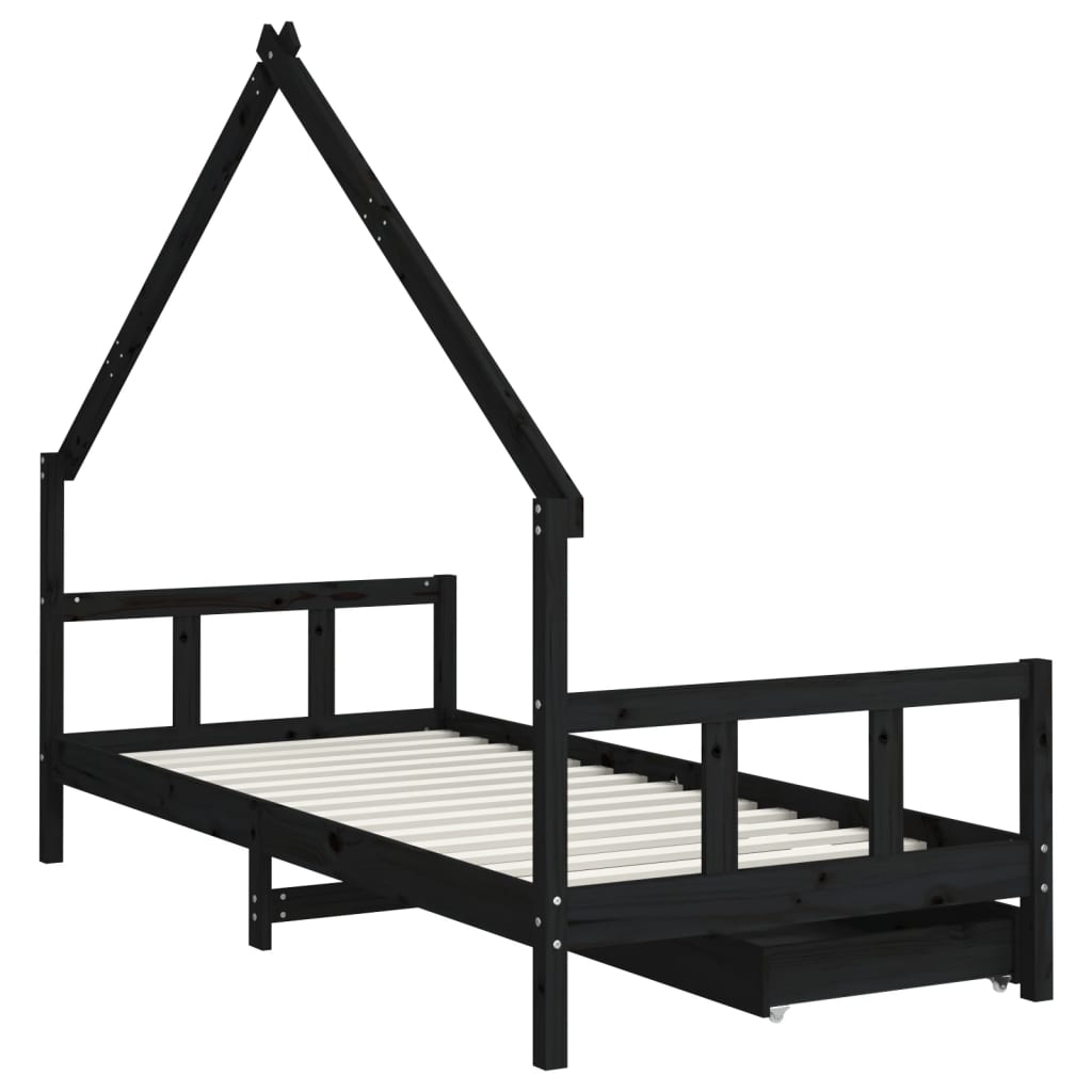 Children's bed frame with drawers 90x200 cm black solid pine