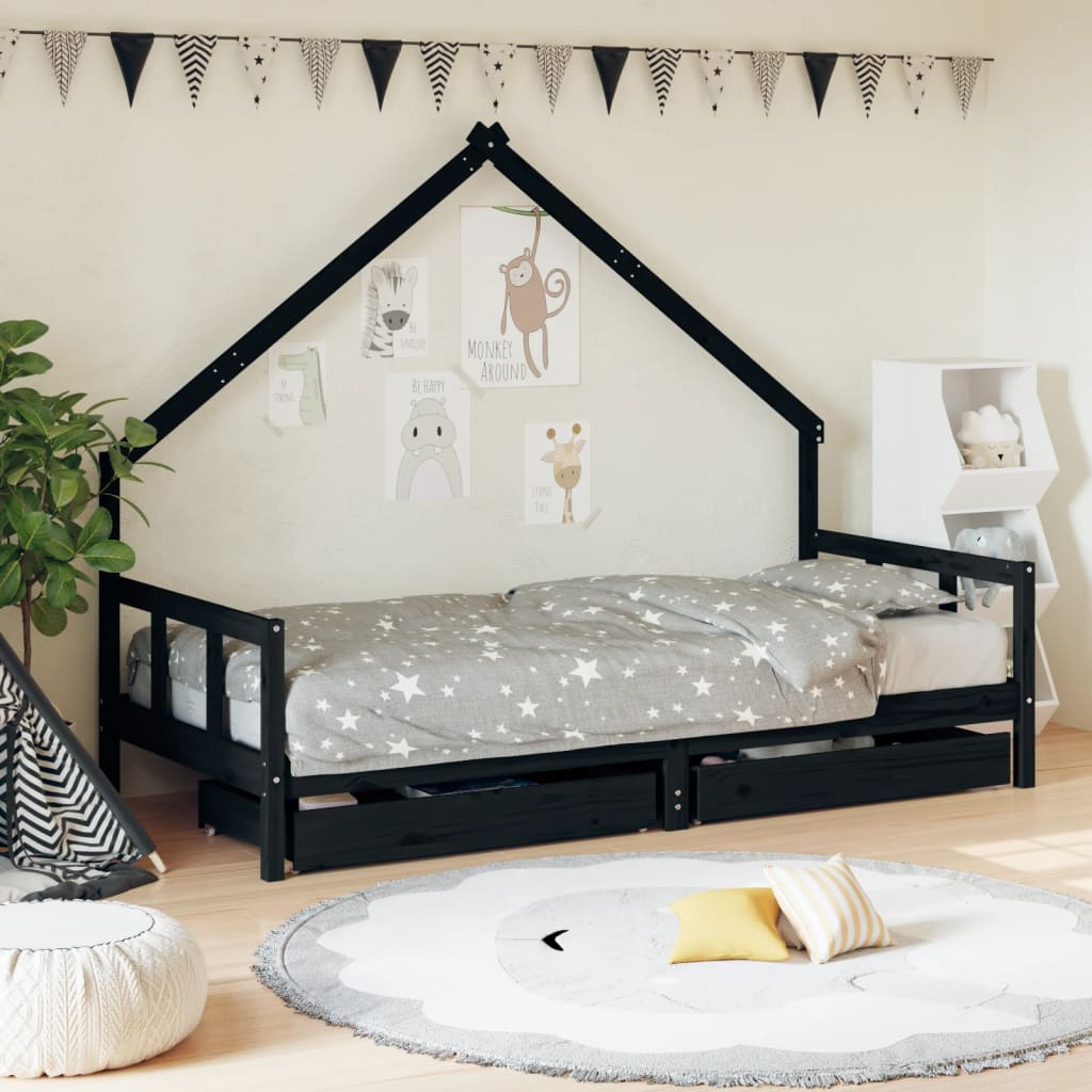 Children's bed frame with drawers 90x200 cm black solid pine