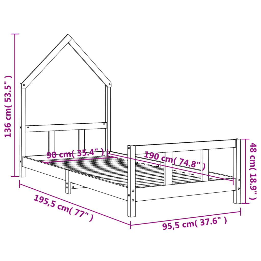 Children's bed frame 90x190 cm solid pine white