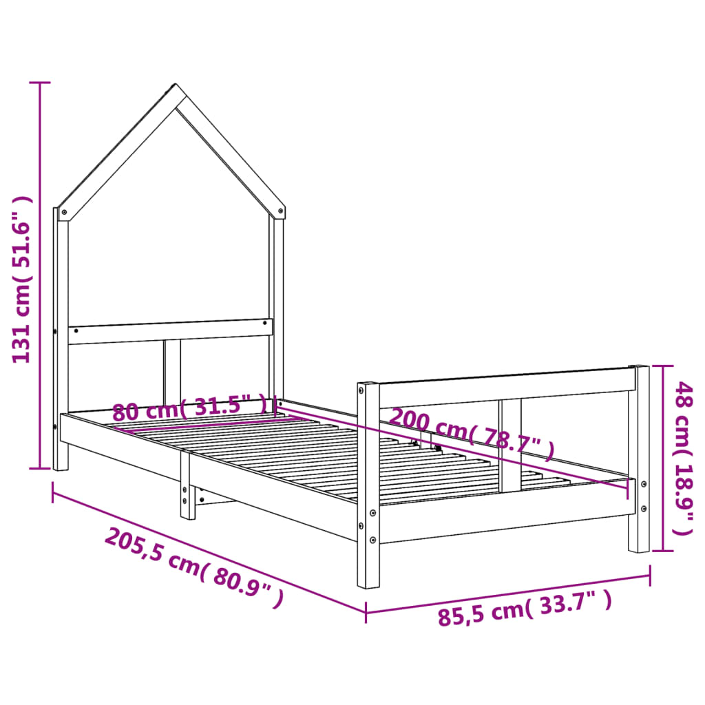 Children's bed frame 80x200 cm solid pine wood