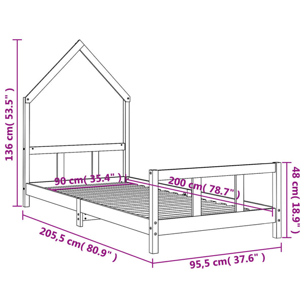 Children's bed frame 90x200 cm solid pine white